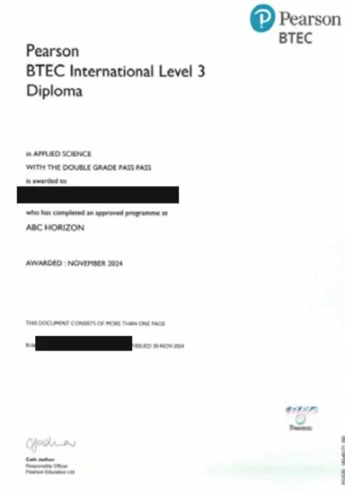 نموذج شهادة Pearson BTEC International Level 3 Diploma