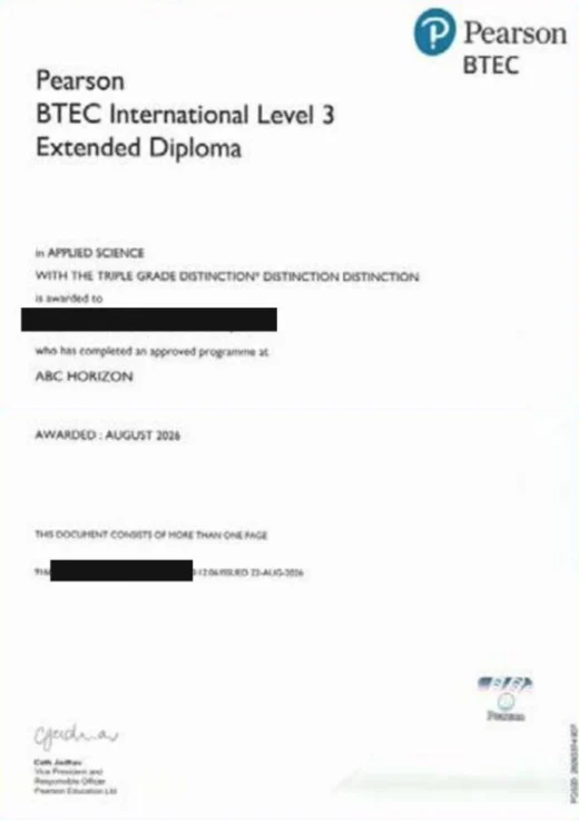نموذج شهادة Pearson BTEC International Level 3 Extended Diploma