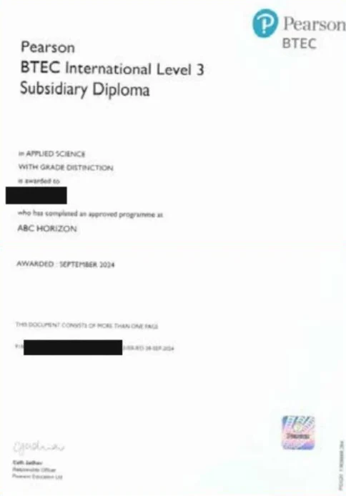 نموذج شهادة Pearson BTEC International Level 3 Subsidiary Diploma
